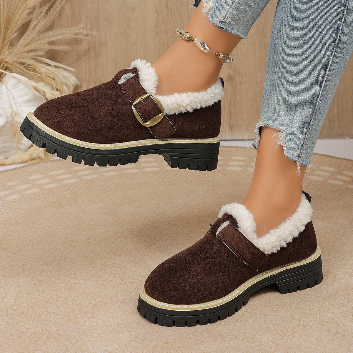 Women Fleece Lined Buckle Platform Loafers