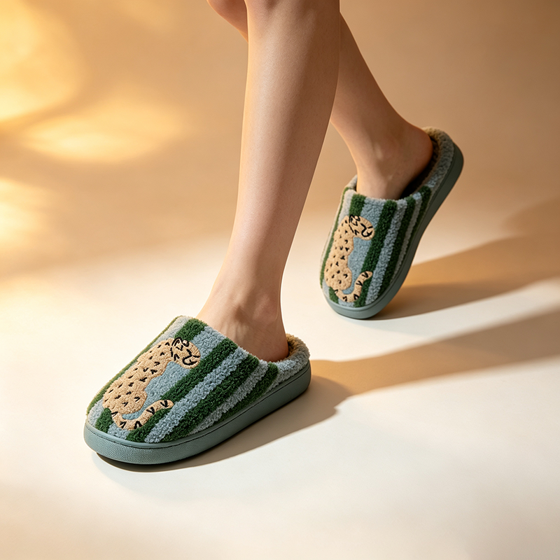 Women's Cute Leopard Print Embroidered Plush Slippers