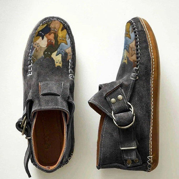Women's Handmade Style Cat Print Moccasins – Vintage Comfort Flats