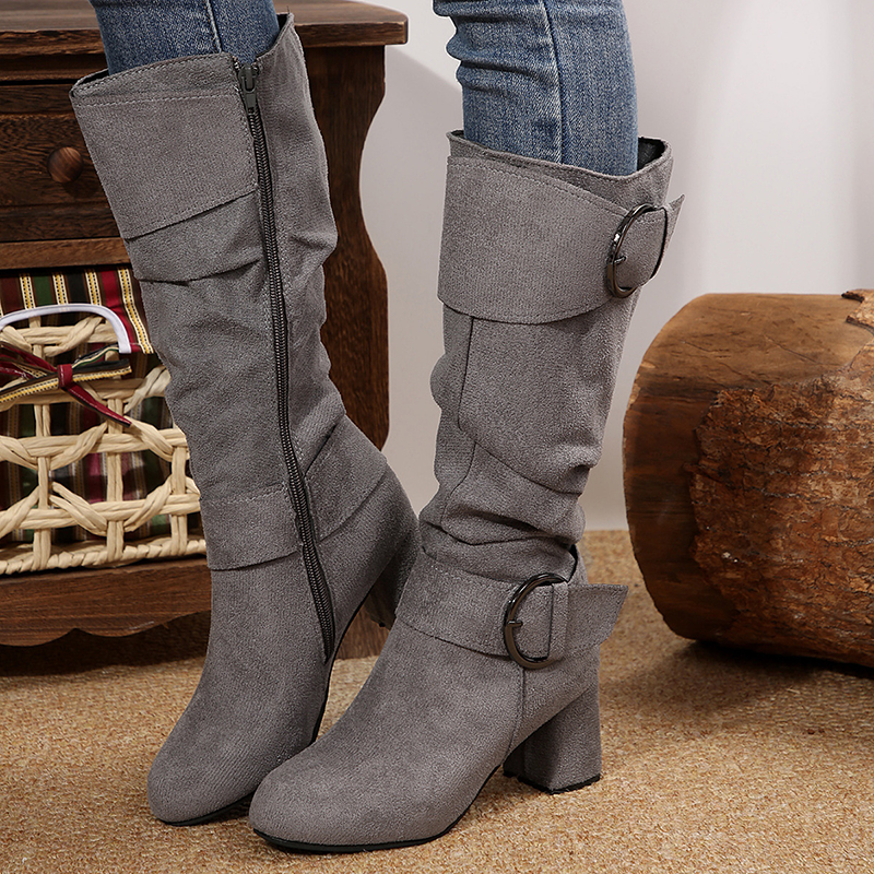 Ruched Buckle Block Heel Knee High Boots