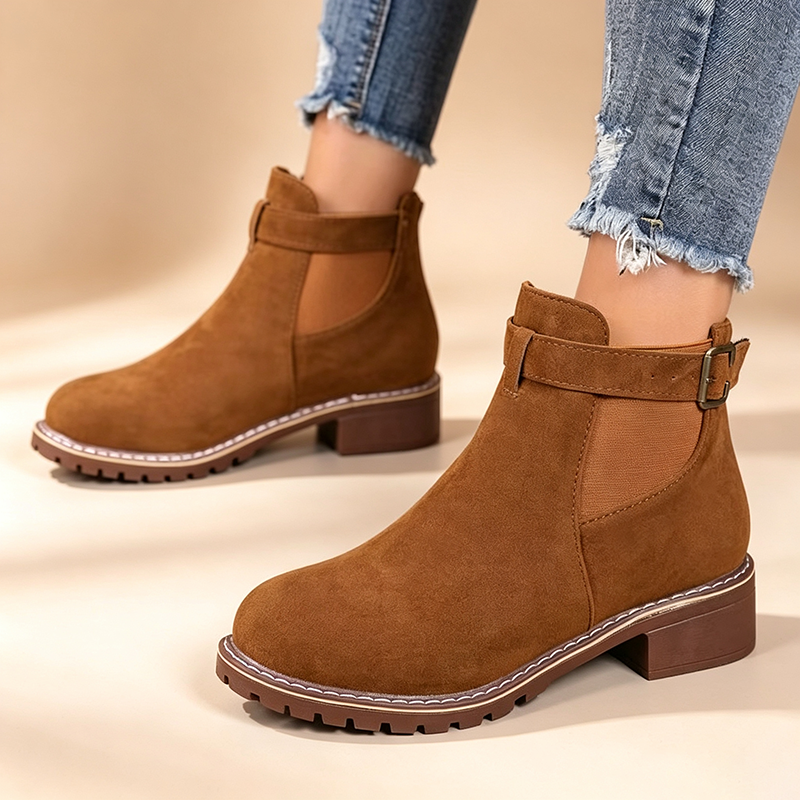Women's Suede Block-Heel Ankle Boots with Buckle Straps