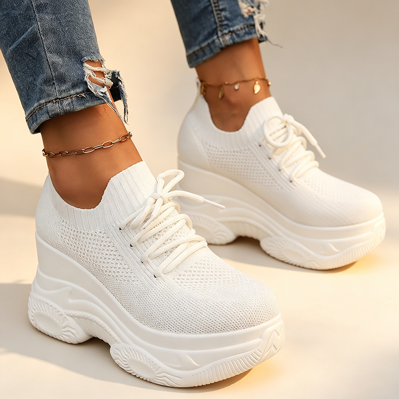Women's knitted breathable casual thick-soled wedge sneakers