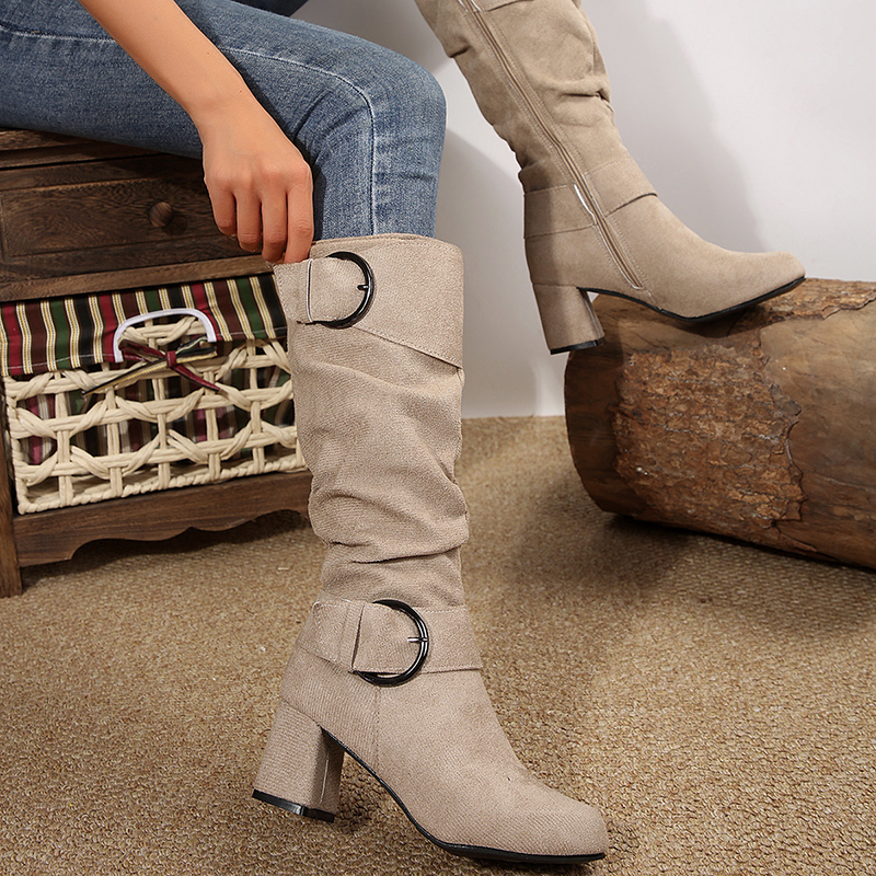 Ruched Buckle Block Heel Knee High Boots