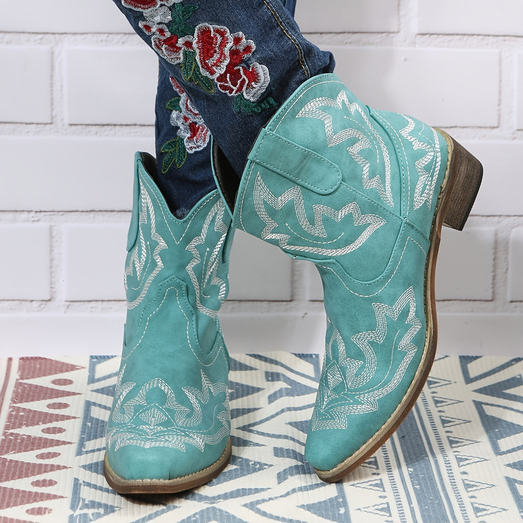 Women's Western Embroidery Mid-Heel Ankle Boots