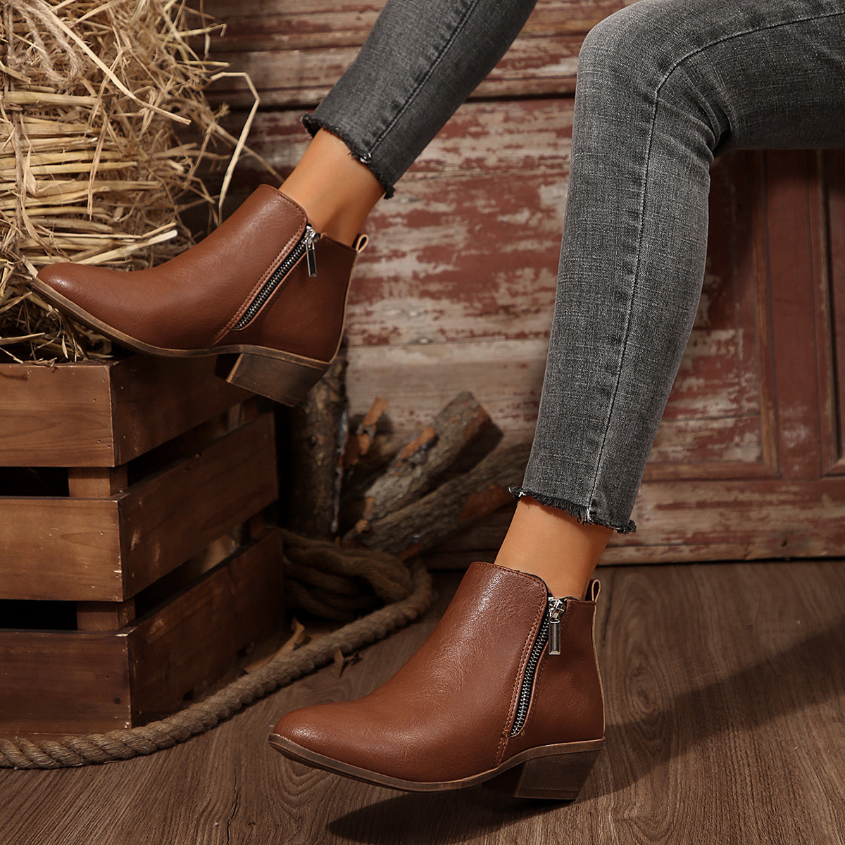 Side Zipper Block Heel Ankle Boots
