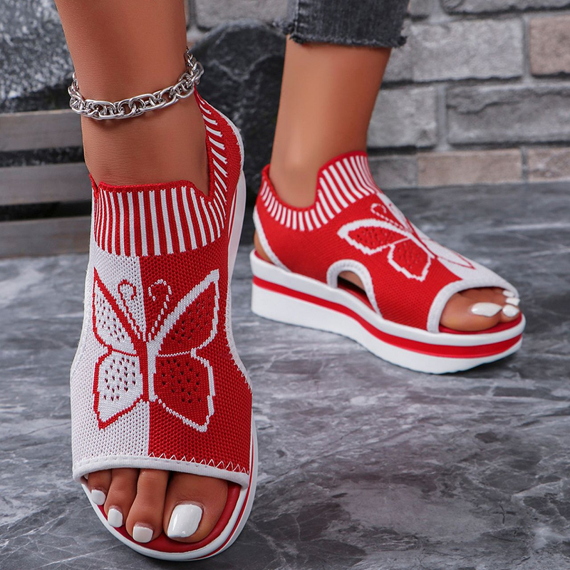 Women's Butterfly Print Knit Slip On Platform Wedge Sandals Open Toe Cutout Casual Shoes