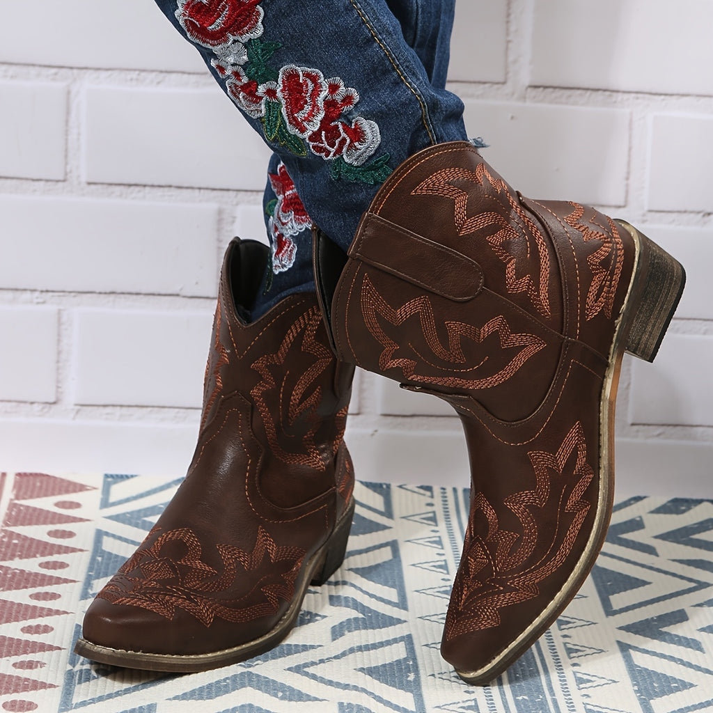 Women's Western Embroidery Mid-Heel Ankle Boots