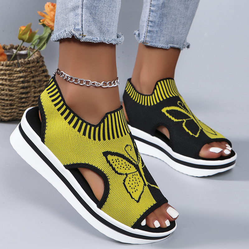 Women's Butterfly Print Knit Slip On Platform Wedge Sandals Open Toe Cutout Casual Shoes