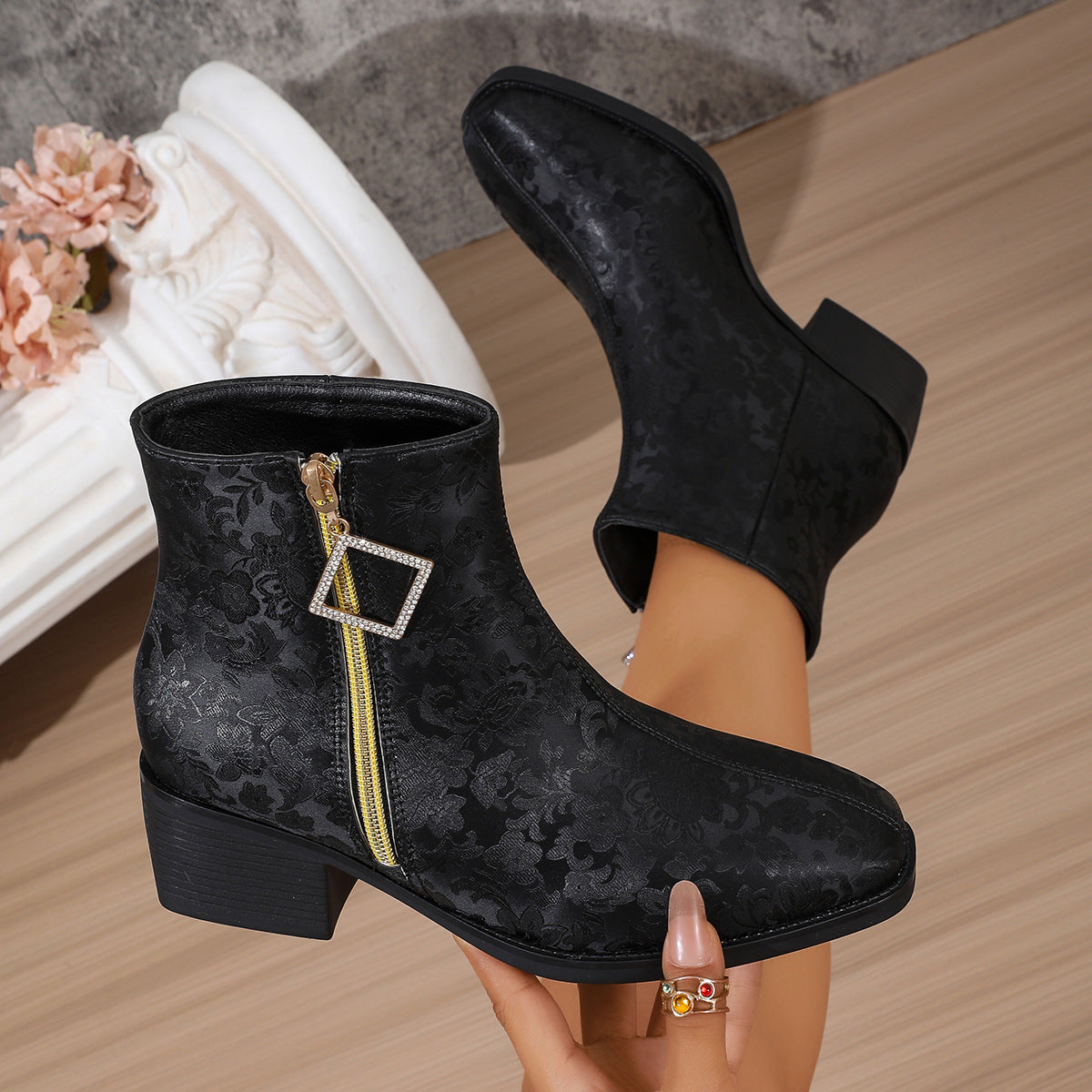 Women's Floral Satin Ankle Boots