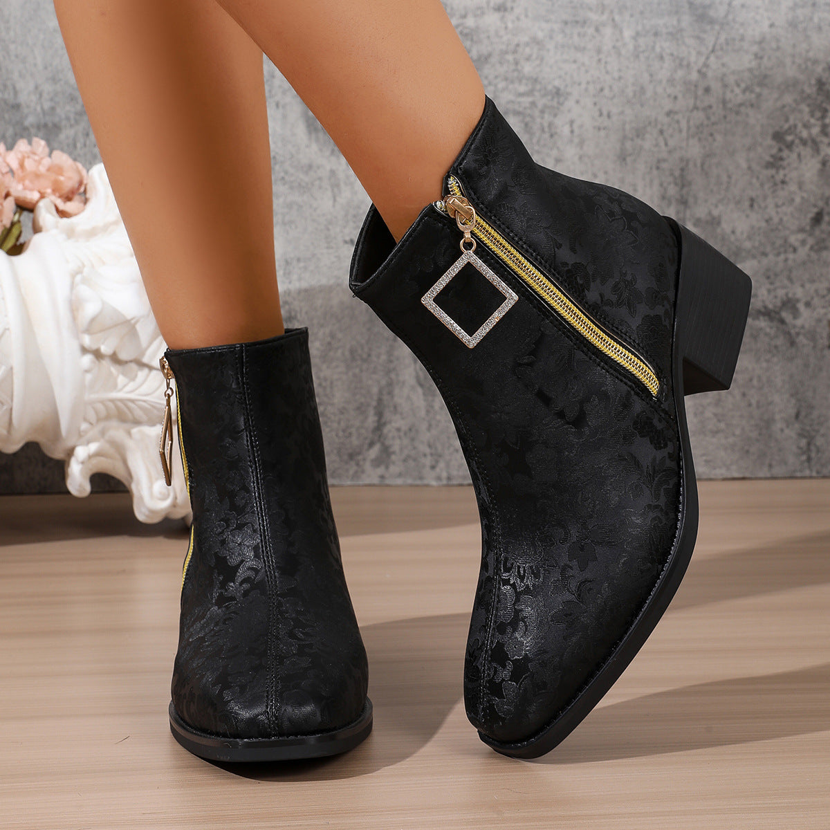 Women's Floral Satin Ankle Boots