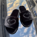 Women's Heart-Embroidered Open-Toe Plush Slippers
