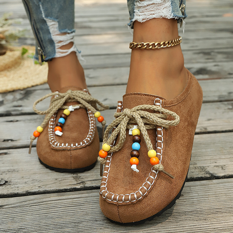Women's Bohemian Beaded Lace-Up Flat Mules