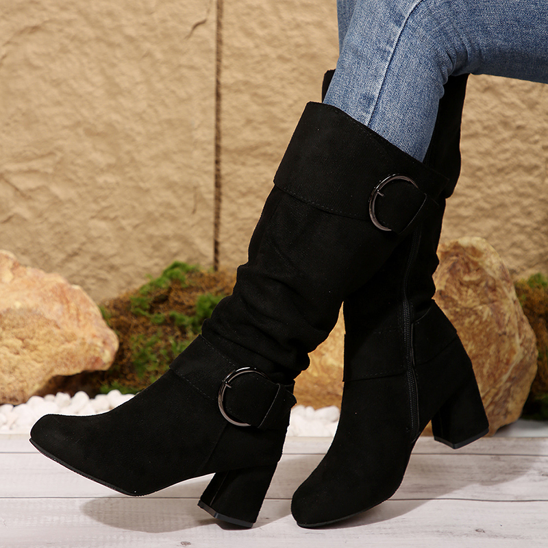 Ruched Buckle Block Heel Knee High Boots