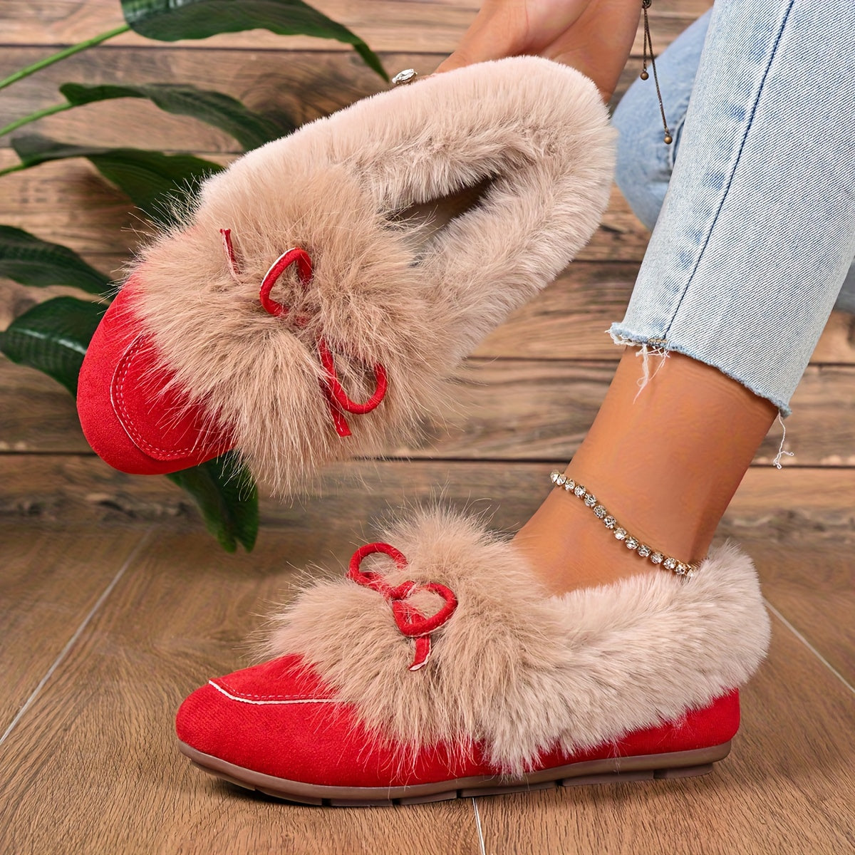 Women's Plush Slip-On Slippers with Bow