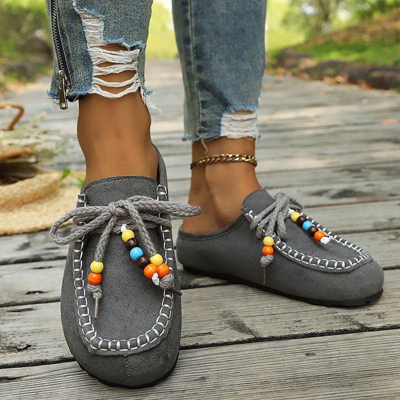 Women's Bohemian Beaded Lace-Up Flat Mules