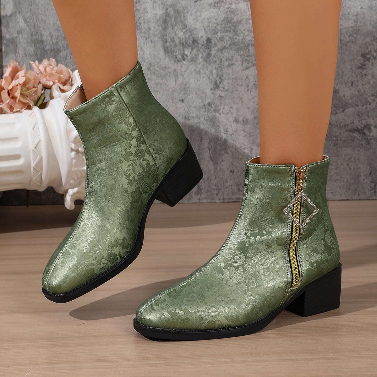 Women's Floral Satin Ankle Boots
