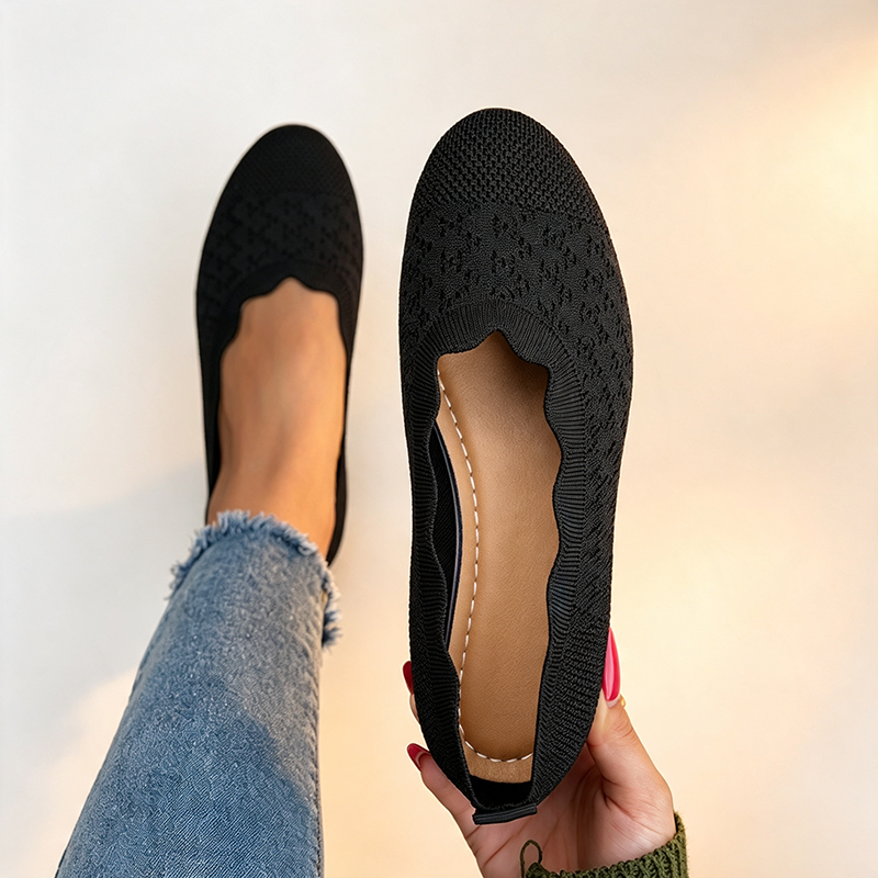 Women's Ruffled Knit Flats – Breathable Mesh Slip-Ons