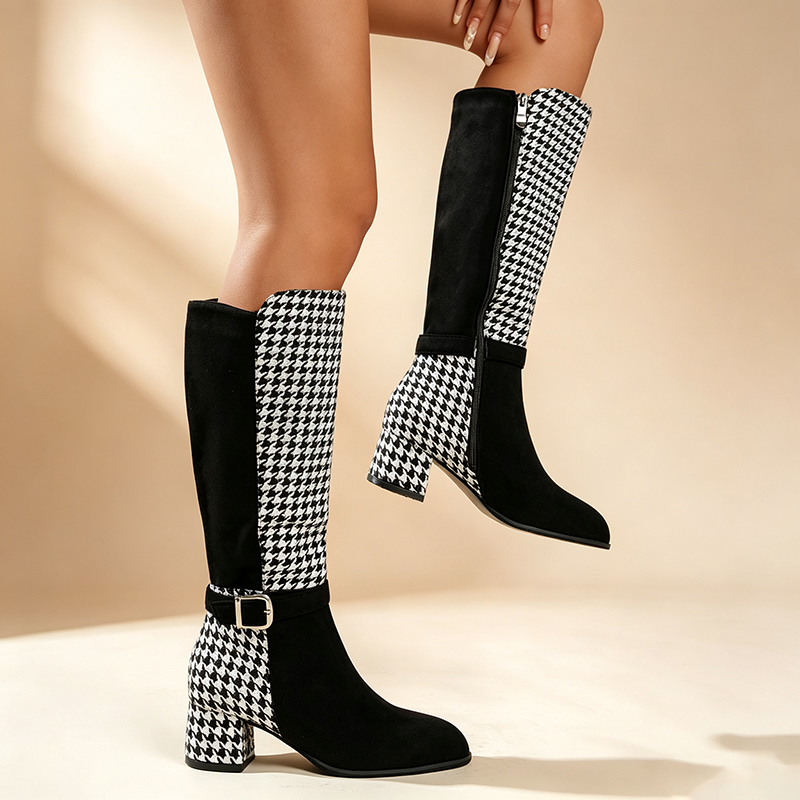 Women's plaid-panel tall boots