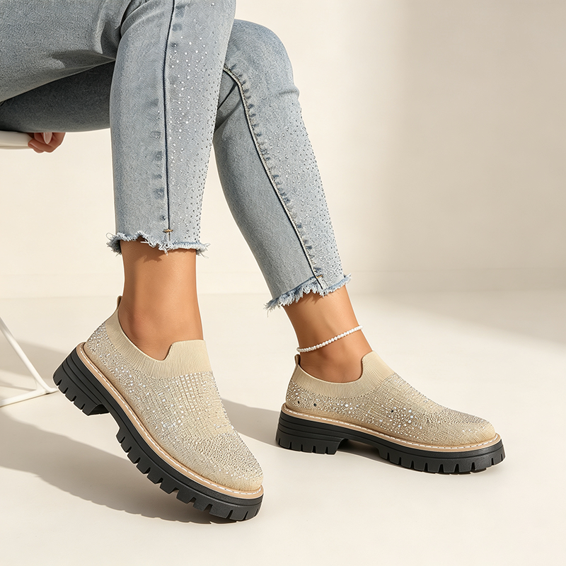 Women's Sparkling Rhinestone Knit Slip-On Loafers with Mesh and Block Heels