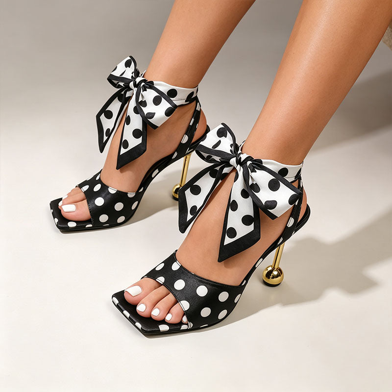 Women's black and white polka-dot high-heeled sandals