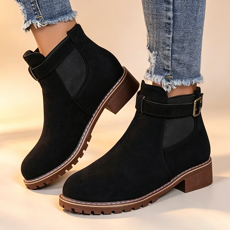 Women's Suede Block-Heel Ankle Boots with Buckle Straps