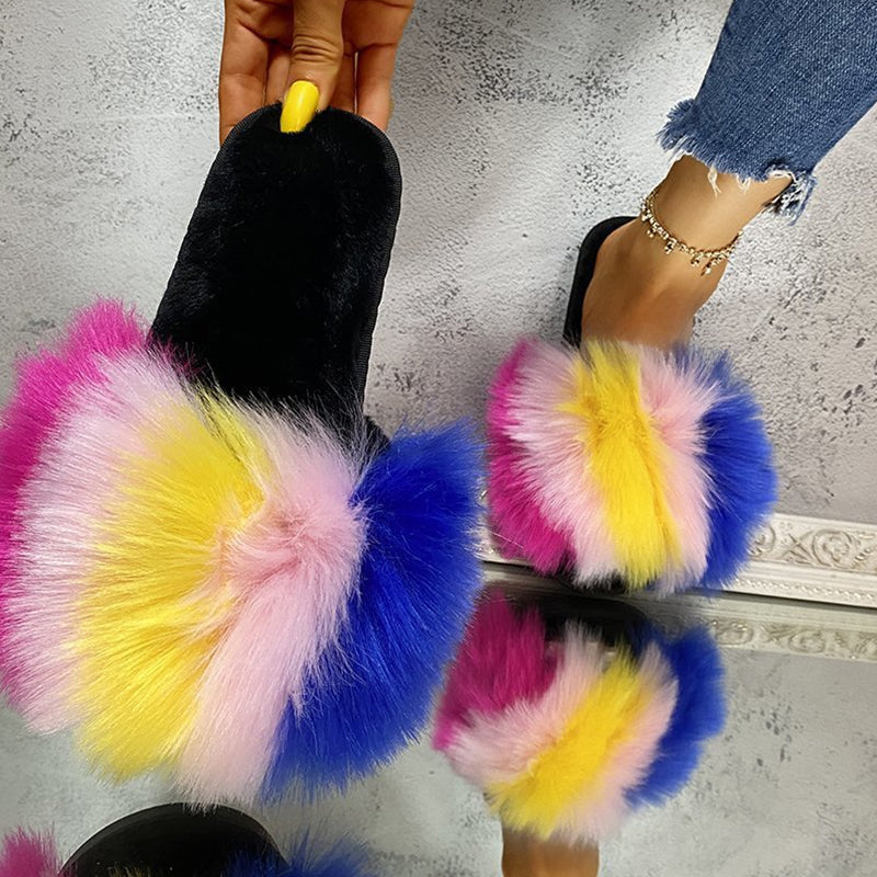 Fluffy open-toe flat slides with a colorful gradient