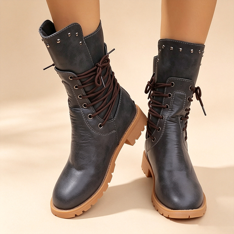 Women's Vintage Studded Lace-Up Mid-Calf Boots