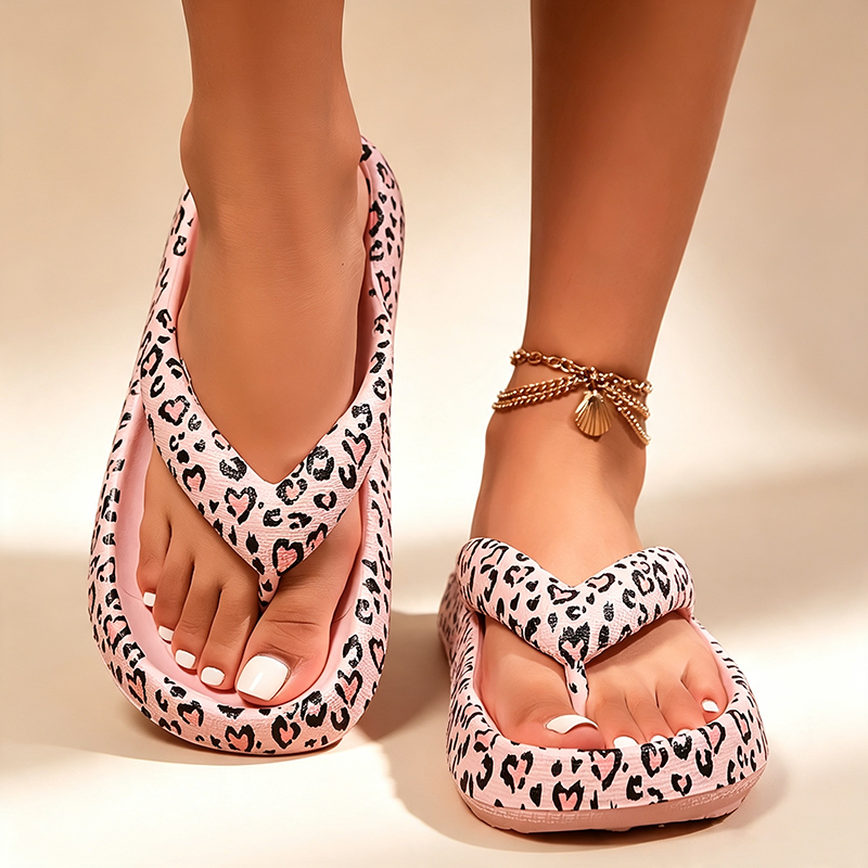 Women's Heart-Print Leopard-Pattern Platform Flip-Flops