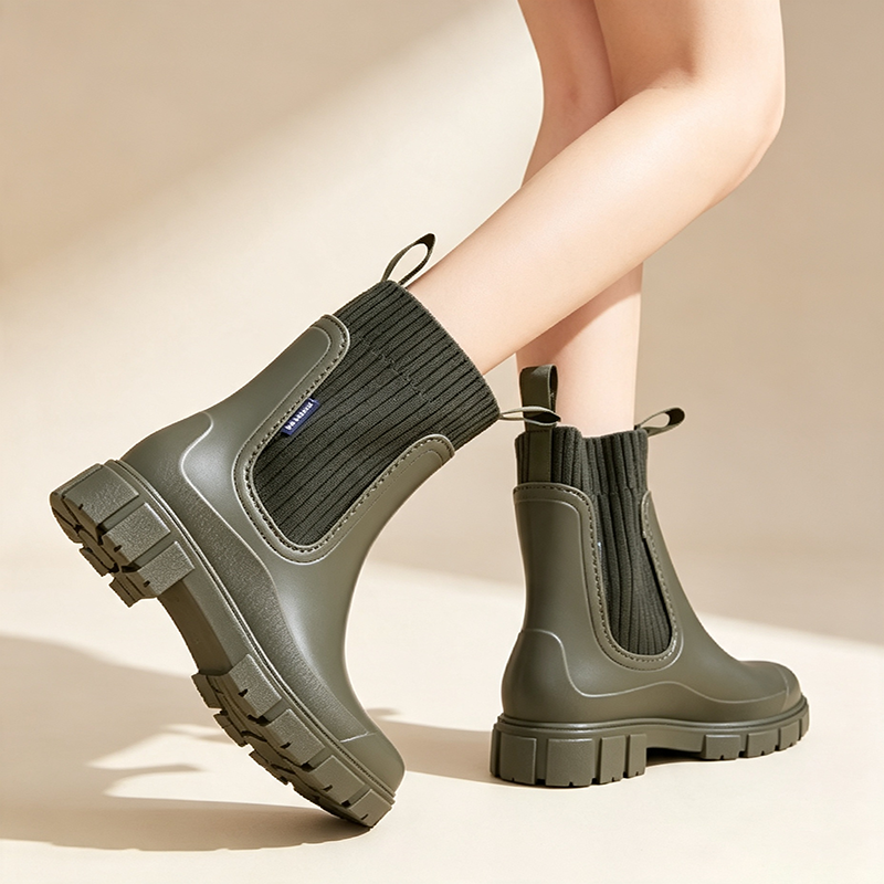 Women's Color-Block Knit Platform Waterproof Rain Boots