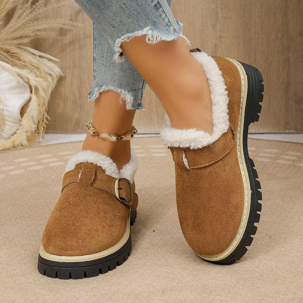Women Fleece Lined Buckle Platform Loafers