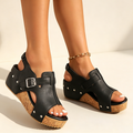 Women's studded wedge-heel platform sandals with adjustable buckle