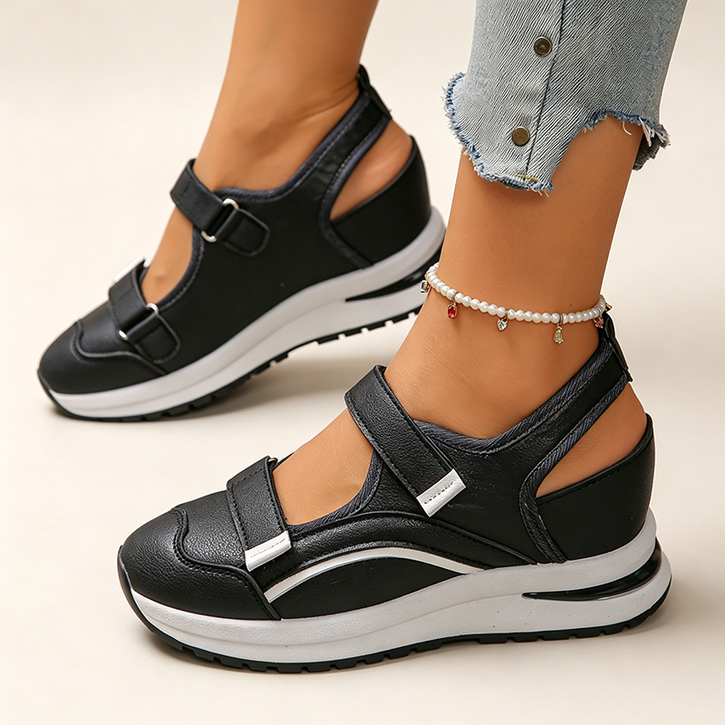 Women's cut-out wedge-platform sneakers with adjustable strap closure