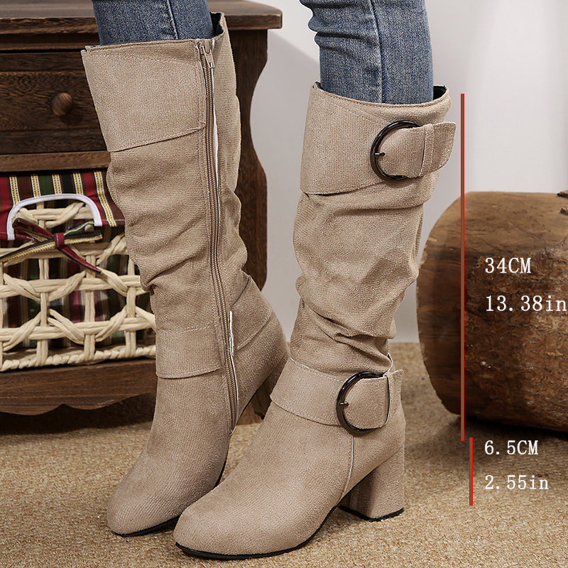 Ruched Buckle Block Heel Knee High Boots