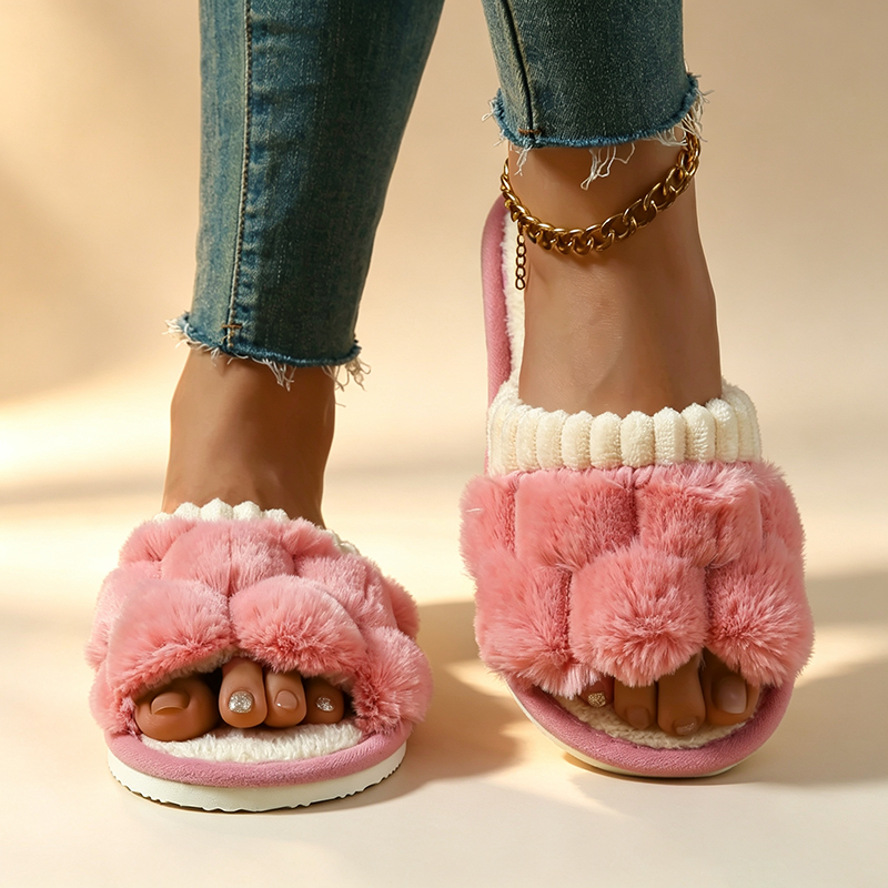 Women's Plush Color-Block Bow Slippers