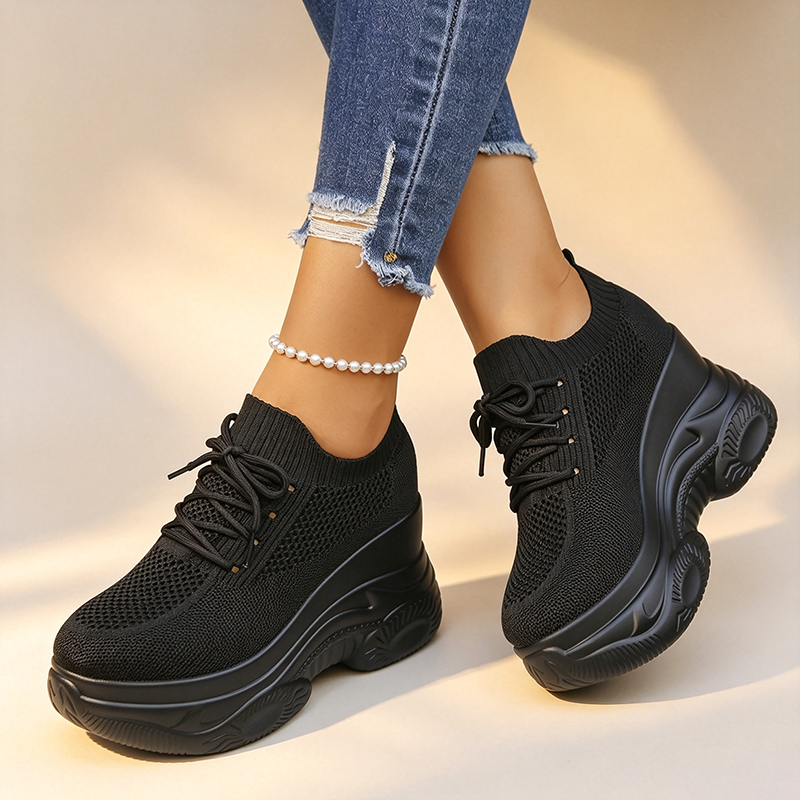 Women's knitted breathable casual thick-soled wedge sneakers
