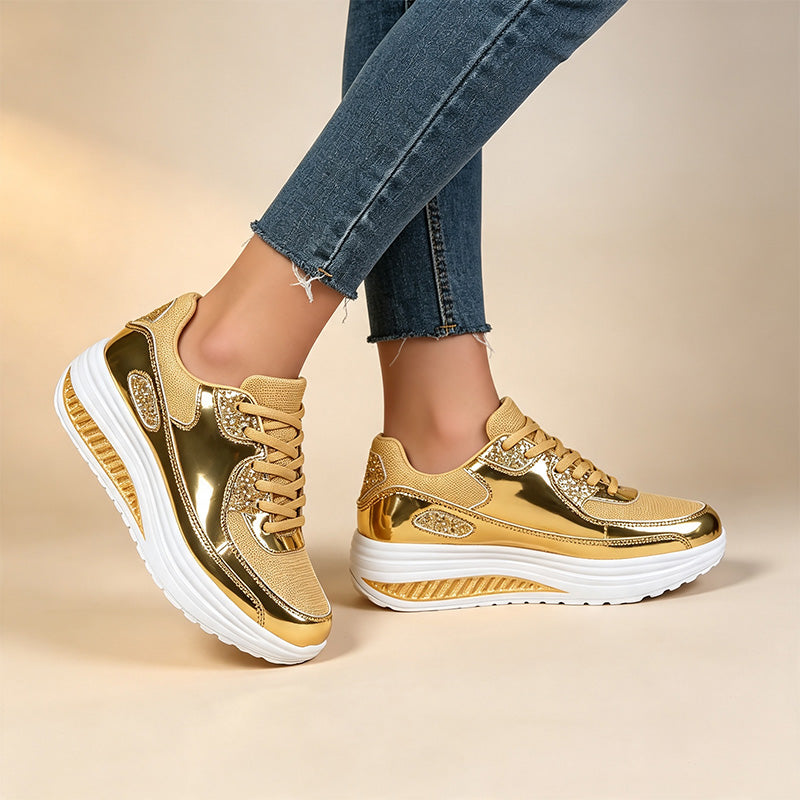 Women's gold sequined wedge platform sneakers