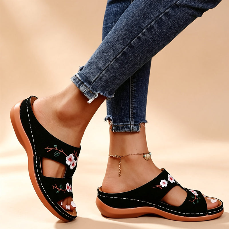 Women's Floral Embroidered Wedge Mules