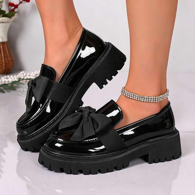 Women's Glossy Patent Leather Bow Platform Loafers