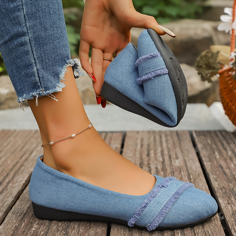 Women's Round Toe Frayed Fringe Denim Flats