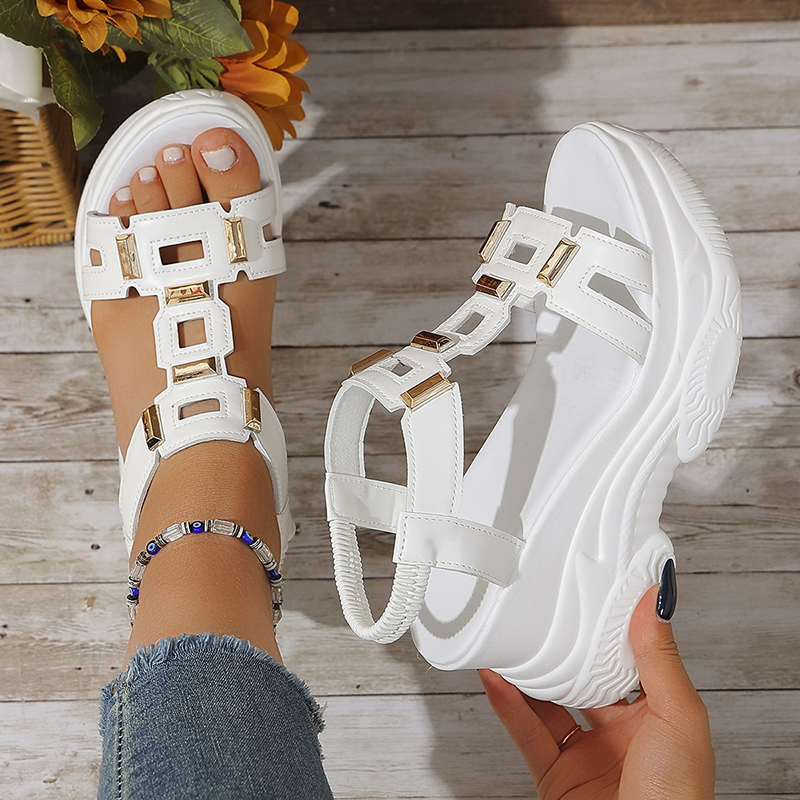 Women Gold Decor Elastic Ankle Strap Platform Wedge Sandals