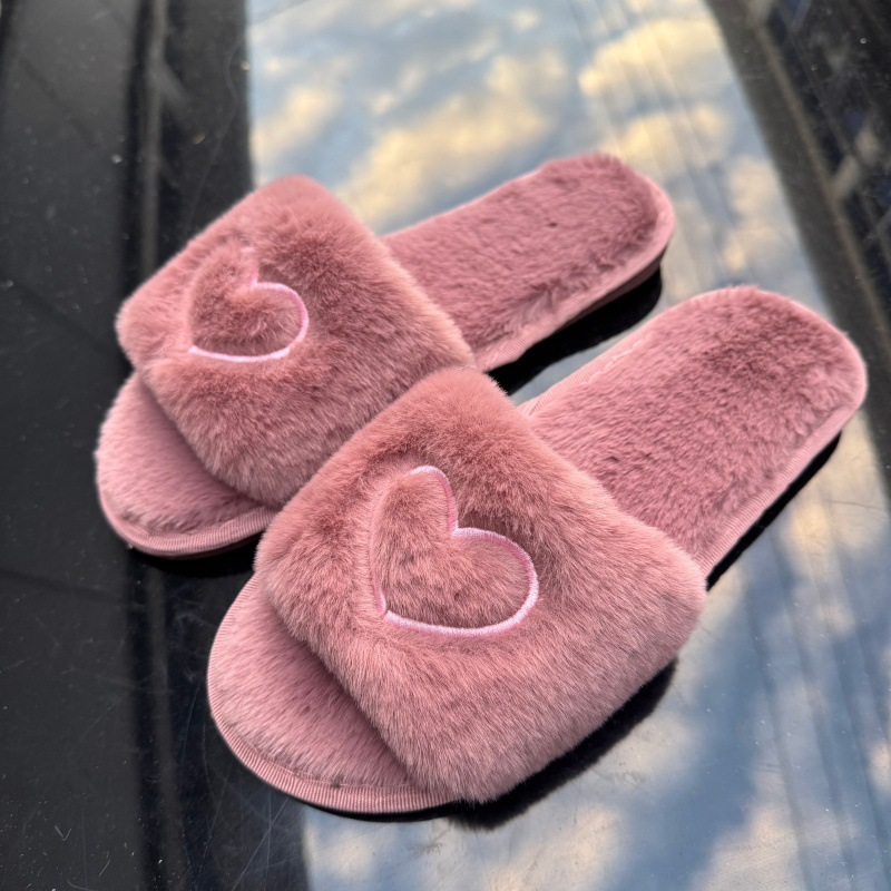 Women's Heart-Embroidered Open-Toe Plush Slippers