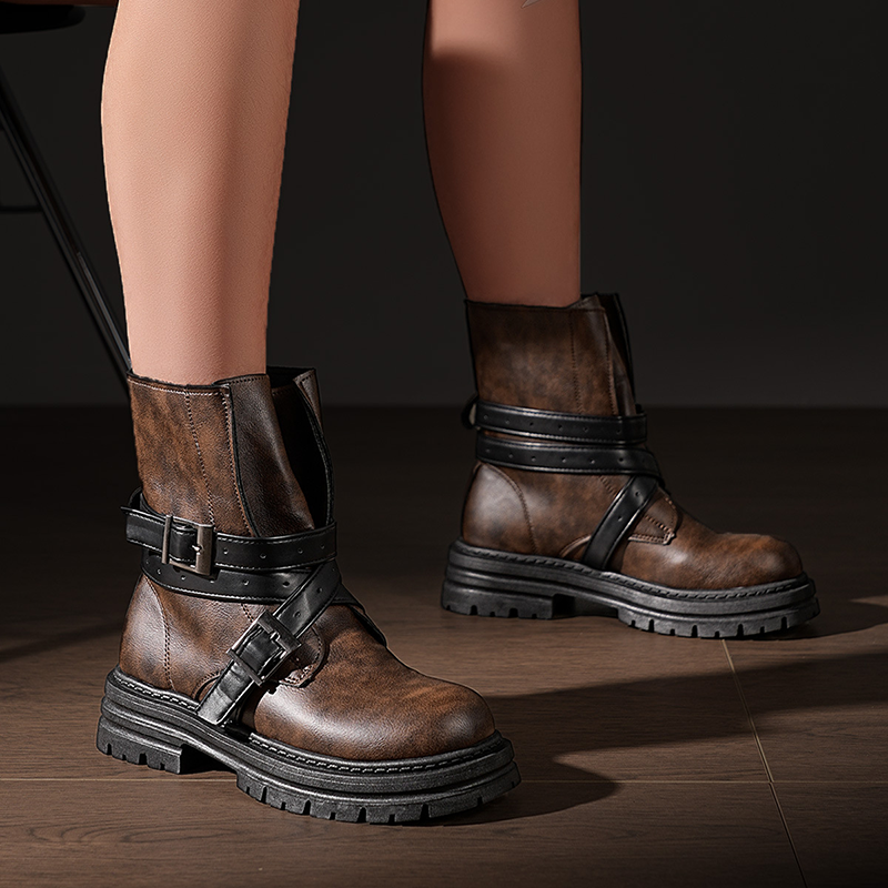 Women's Retro Buckle-Strap Platform Boots