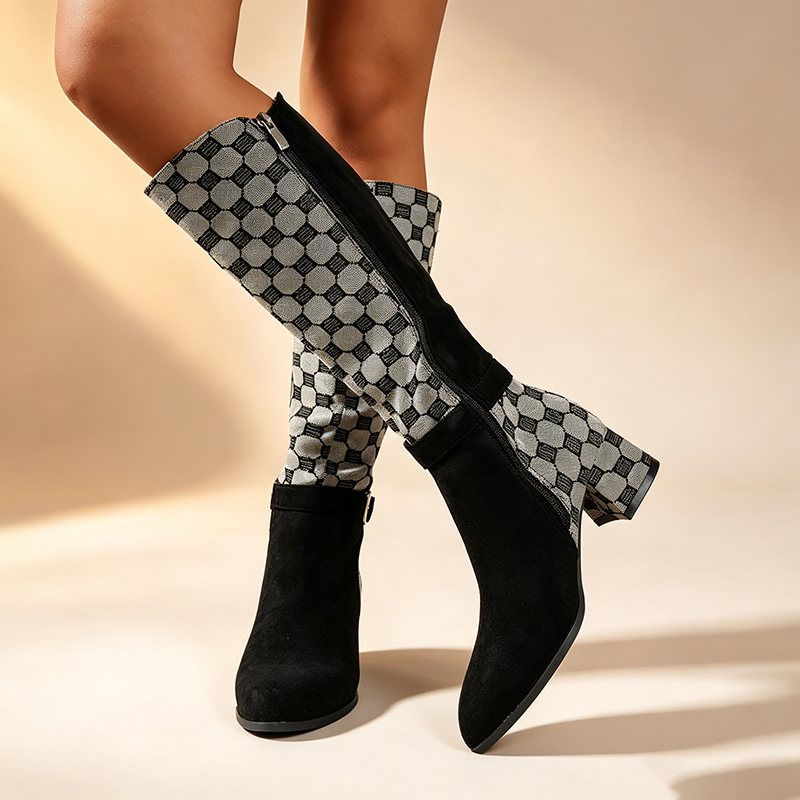 Women's plaid-panel tall boots