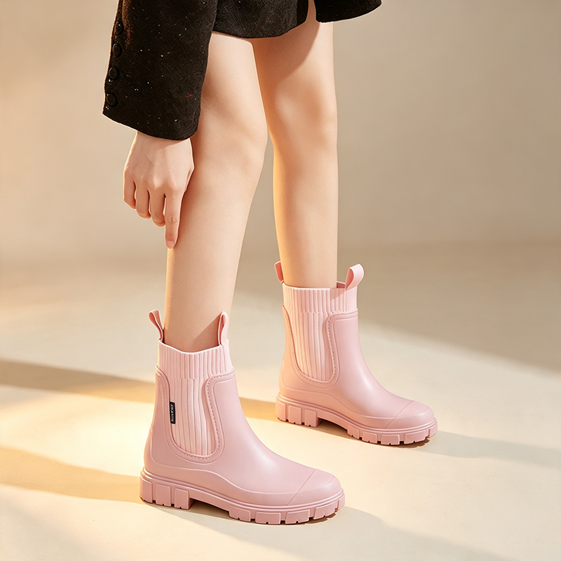 Women's Color-Block Knit Platform Waterproof Rain Boots