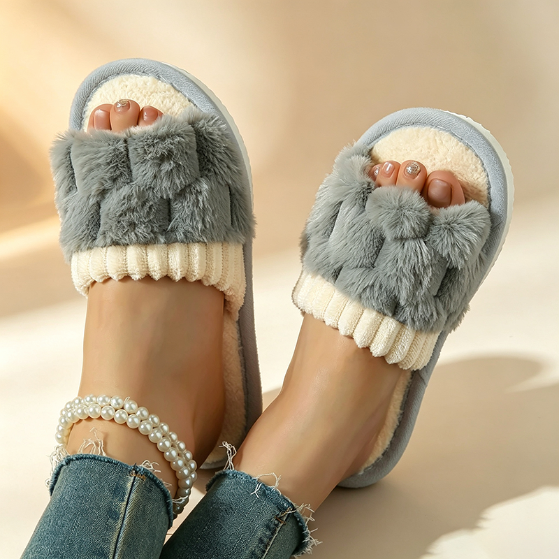 Women's Plush Color-Block Bow Slippers