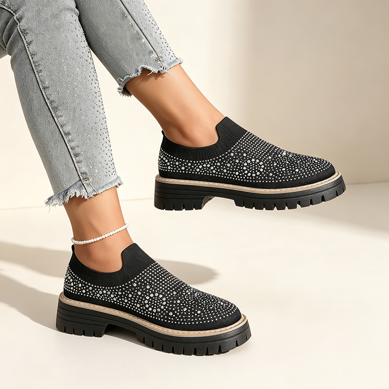 Women's Sparkling Rhinestone Knit Slip-On Loafers with Mesh and Block Heels