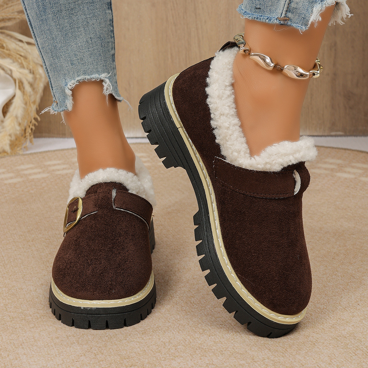 Women Fleece Lined Buckle Platform Loafers