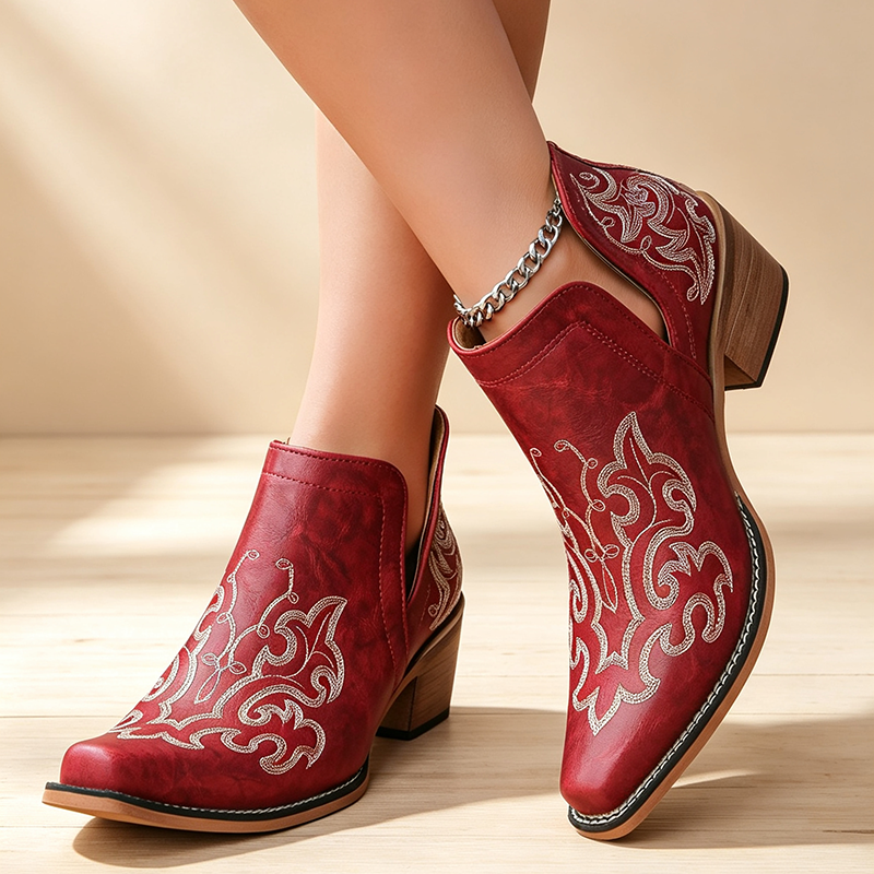 Women's Embroidered Pointed-Toe Platform Slip-On Vintage Ankle Boots