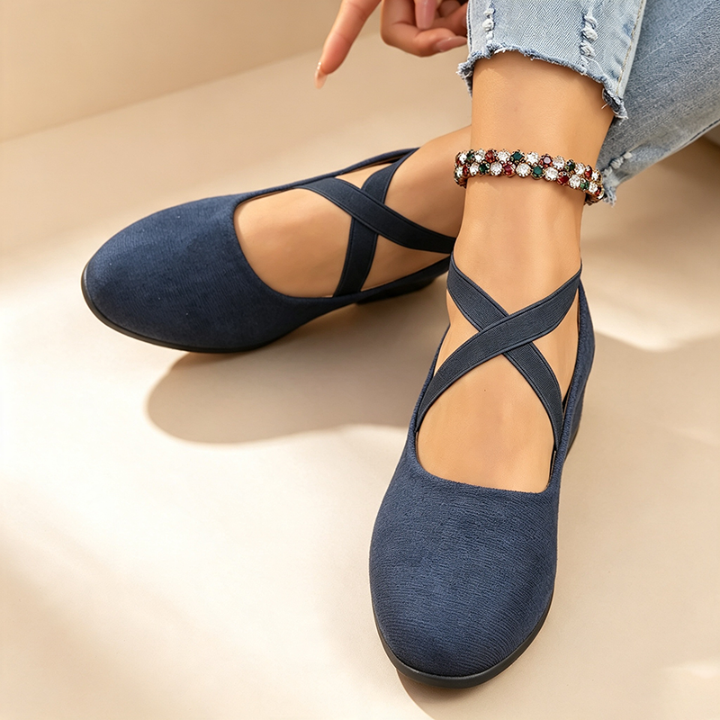 Women's Low-Wedge Walking Shoes with Elastic Crisscross Straps