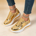 Women's gold sequined wedge platform sneakers